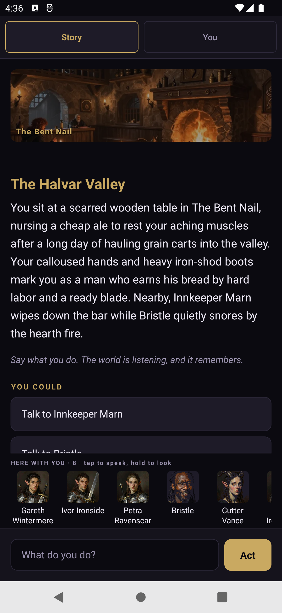 The Bent Nail tavern: a passage of prose describing the room, suggested openings, and a row of the people standing there.