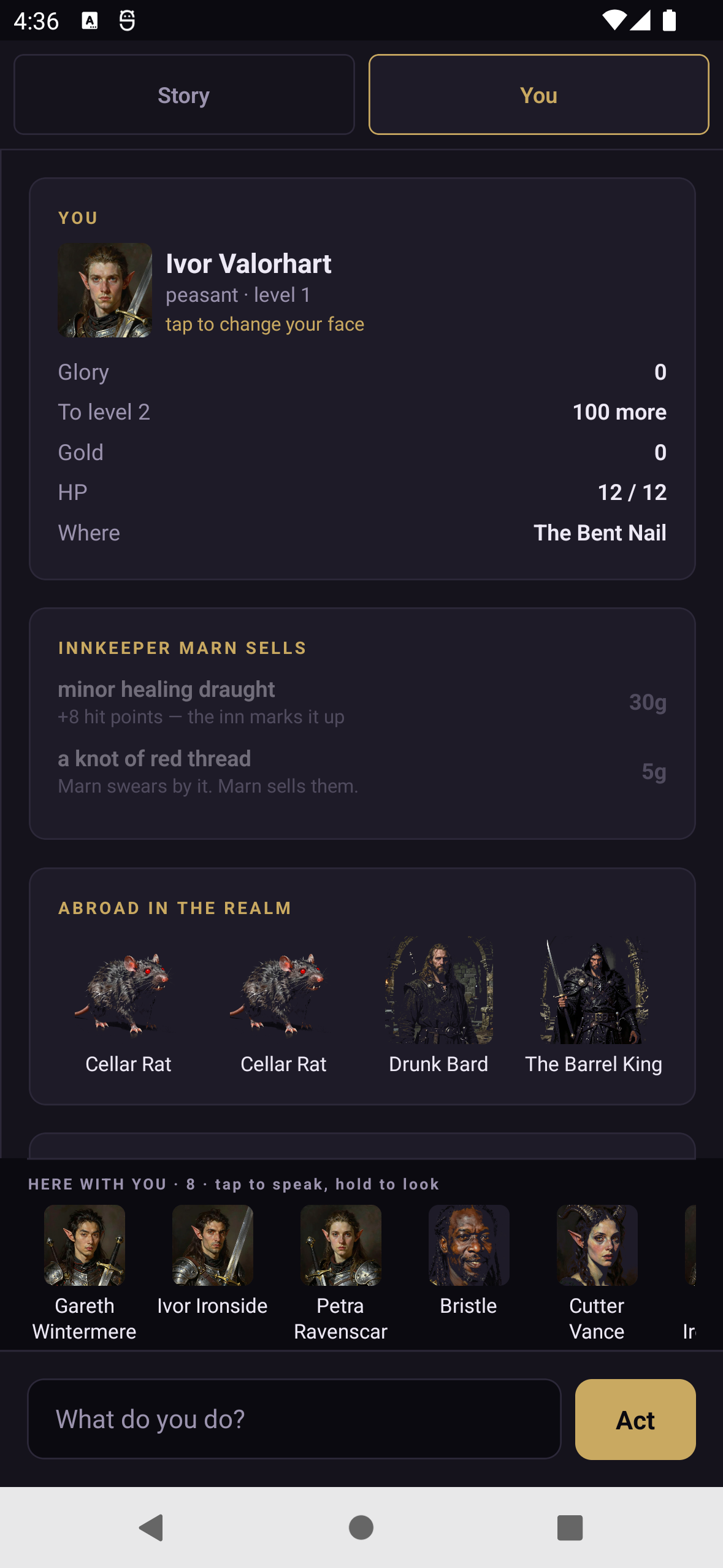 A character sheet showing glory, progress to the next level, gold, hit points and current location, above what the innkeeper sells.